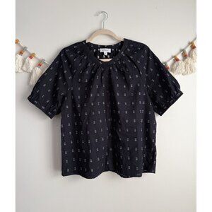 Evereve Fallon Split Neck Dobby Black Printed Puff Sleeve Top Preppy Boho M